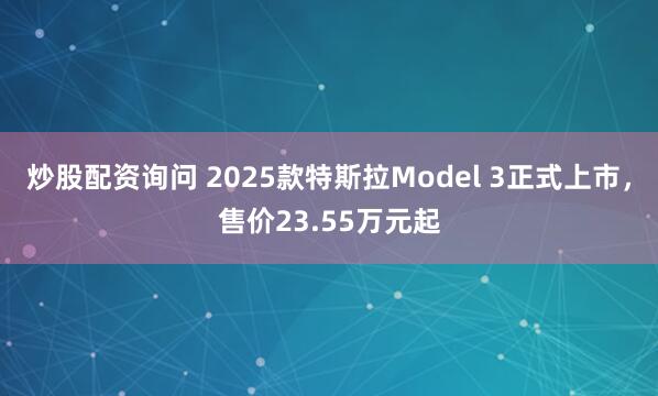 炒股配资询问 2025款特斯拉Model 3正式上市，售价23.55万元起