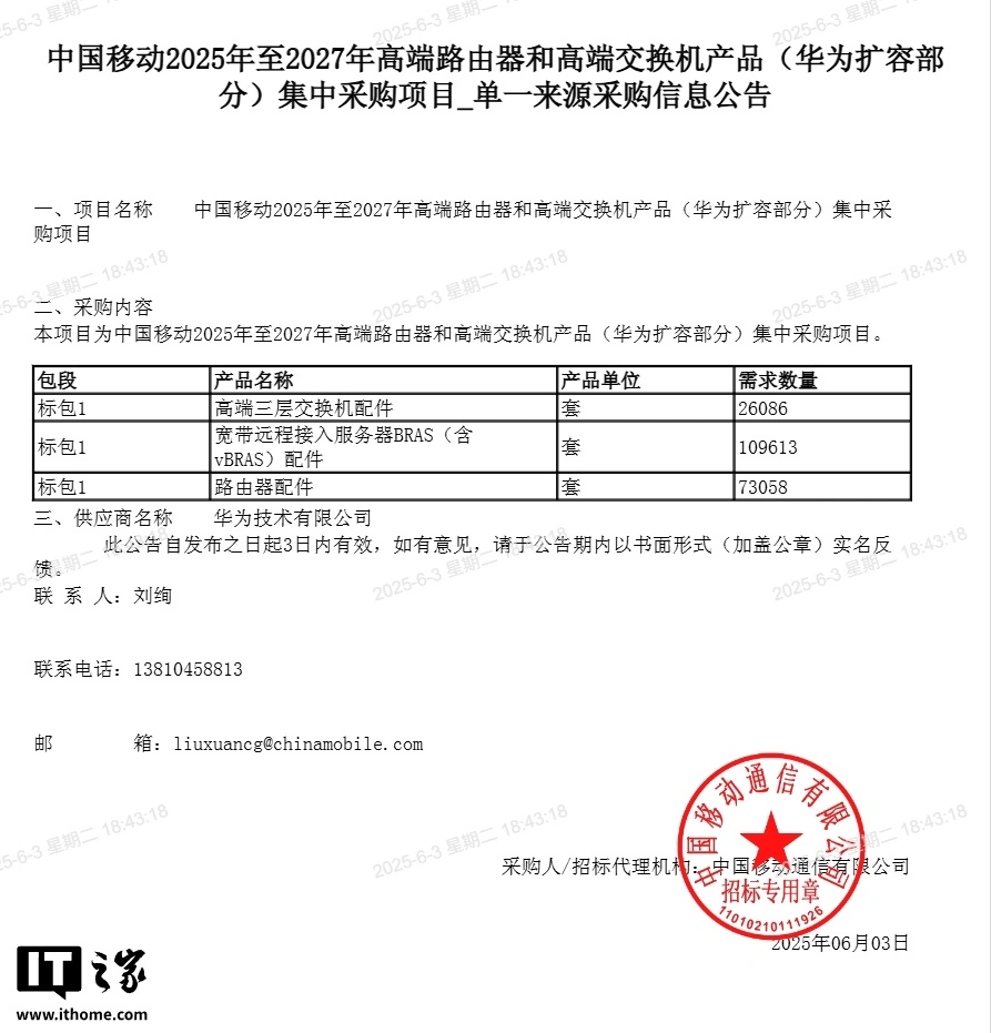 配资广告 中国移动 2025~2027 年高端路由器和高端交换机扩容集采公布：华为、中兴分食